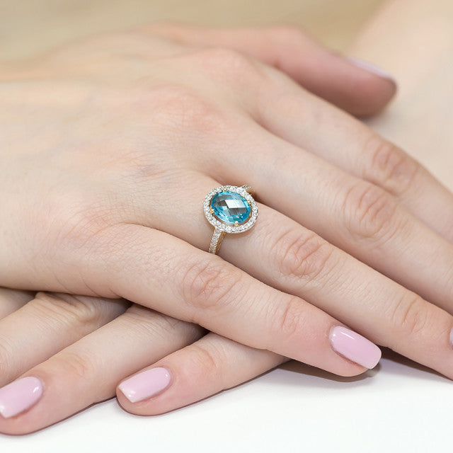Inel Aur 14K cu Topaz Swiss 1.70 ct si Diamante Naturale 0.16 ct, imaginea 4 din 11