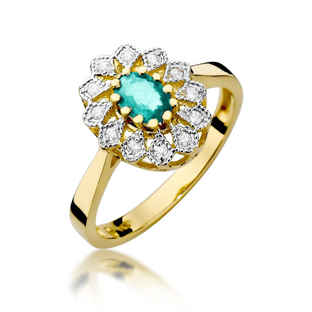 Inel Aur 14K cu Smarald 0.40 ct si Diamante Naturale 0.10 ct — Aur galben