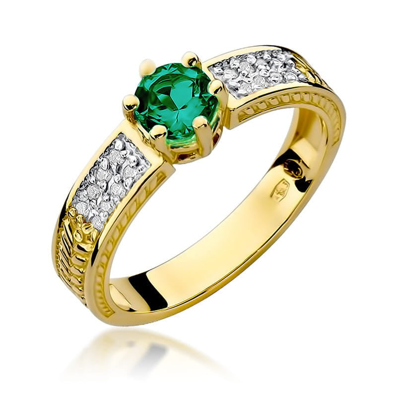 Inel Aur 14K cu Smarald 0.50 ct si Diamante Naturale 0.08 ct — Aur galben