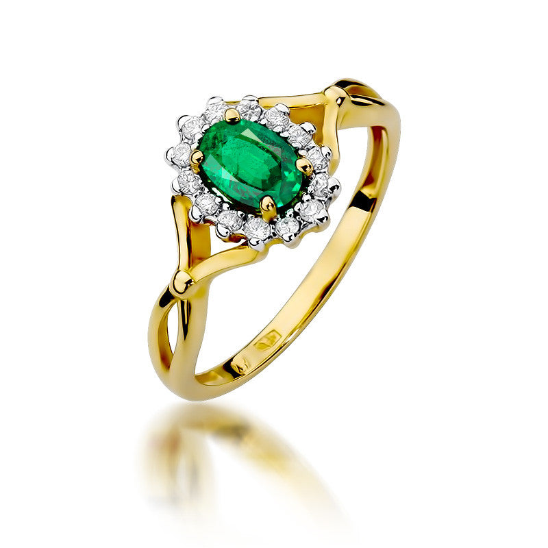 Inel Aur 14K cu Smarald 0.40 ct si Diamante Naturale 0.12 ct — Aur galben