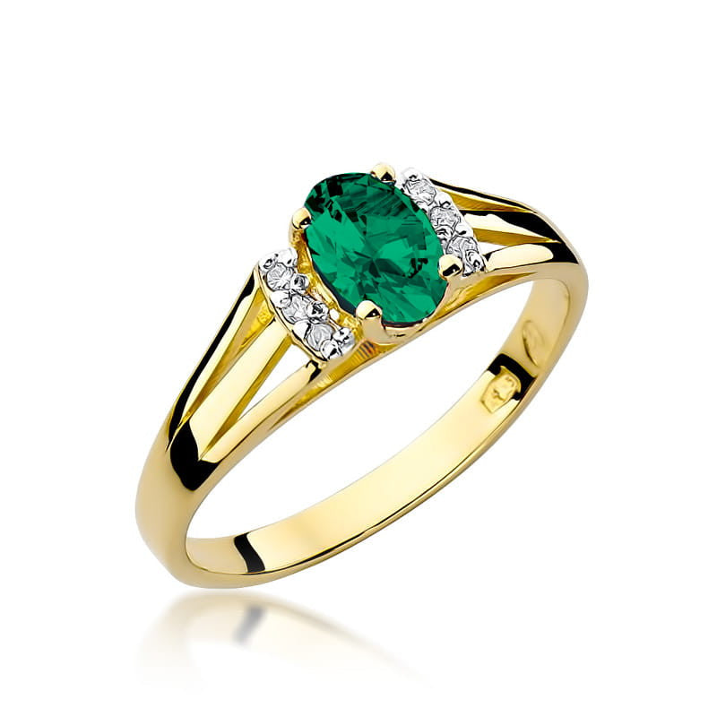 Inel Aur 14K cu Smarald 0.40 ct si Diamante Naturale 0.05 ct — Aur galben