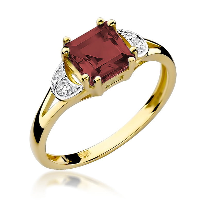 Inel Aur 14K cu Granat 1.30 ct si Diamante Naturale 0.06 ct — Aur galben