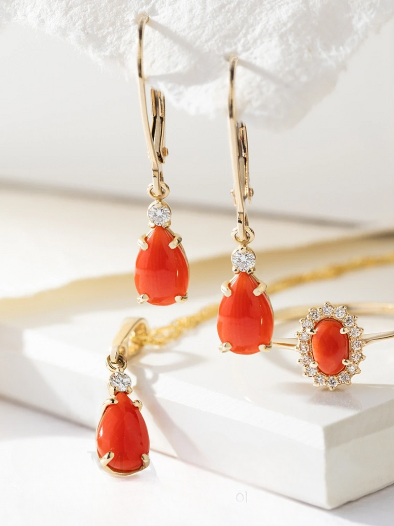 Pandantiv Aur 14K cu Coral 0.65 ct si Diamant Natural 0.03 ct, imaginea 8 din 9