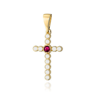 Pandantiv Cruce Aur 14K cu Rubin 0.15 ct si Diamante Naturale