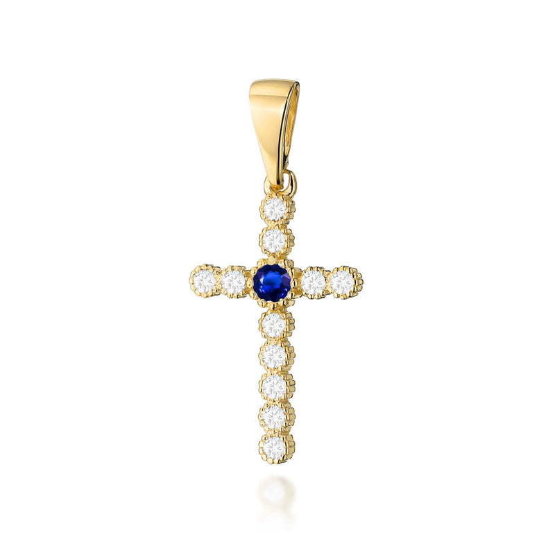 Pandantiv Cruce Aur 14K cu Safir 0.15 ct si Diamante Naturale — Aur galben