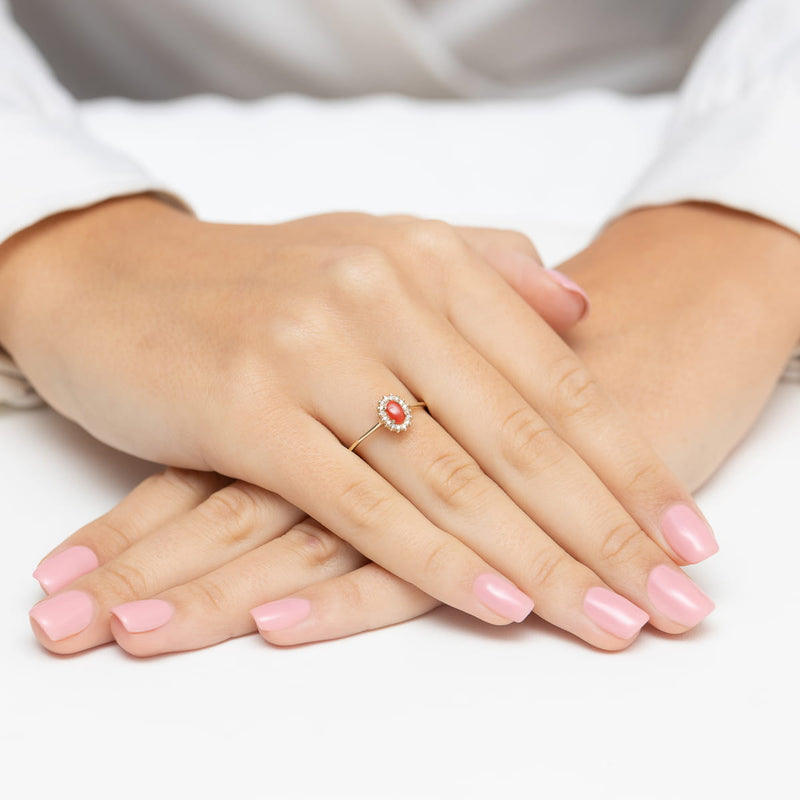 Inel Aur 14K cu Coral 0.20 ct si Diamante Naturale 0.08 ct, imaginea 4 din 11