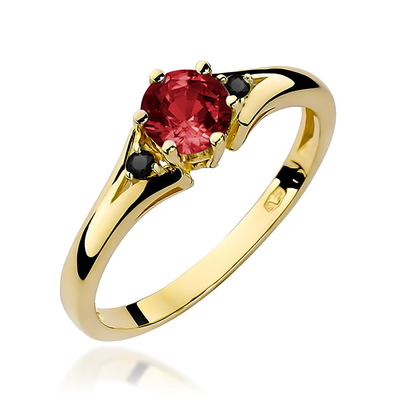 Inel Aur 14K cu Granat 0.60 ct si Diamante Naturale Negre 0.03 ct — Aur galben