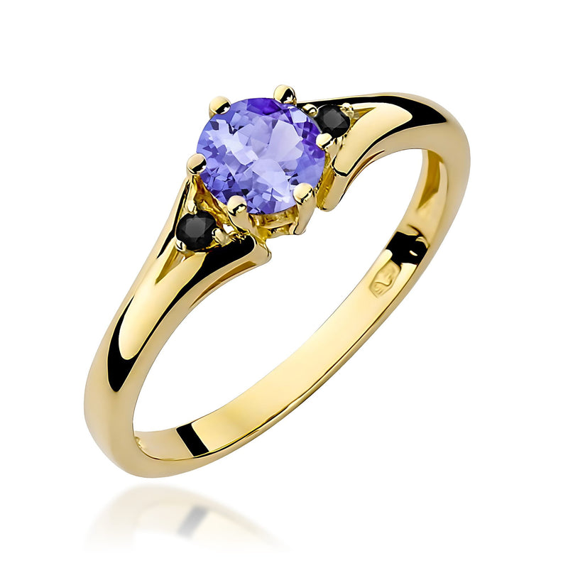 Inel Aur 14K cu Tanzanit 0.50 ct si Diamante Naturale Negre 0.03 ct — Aur galben