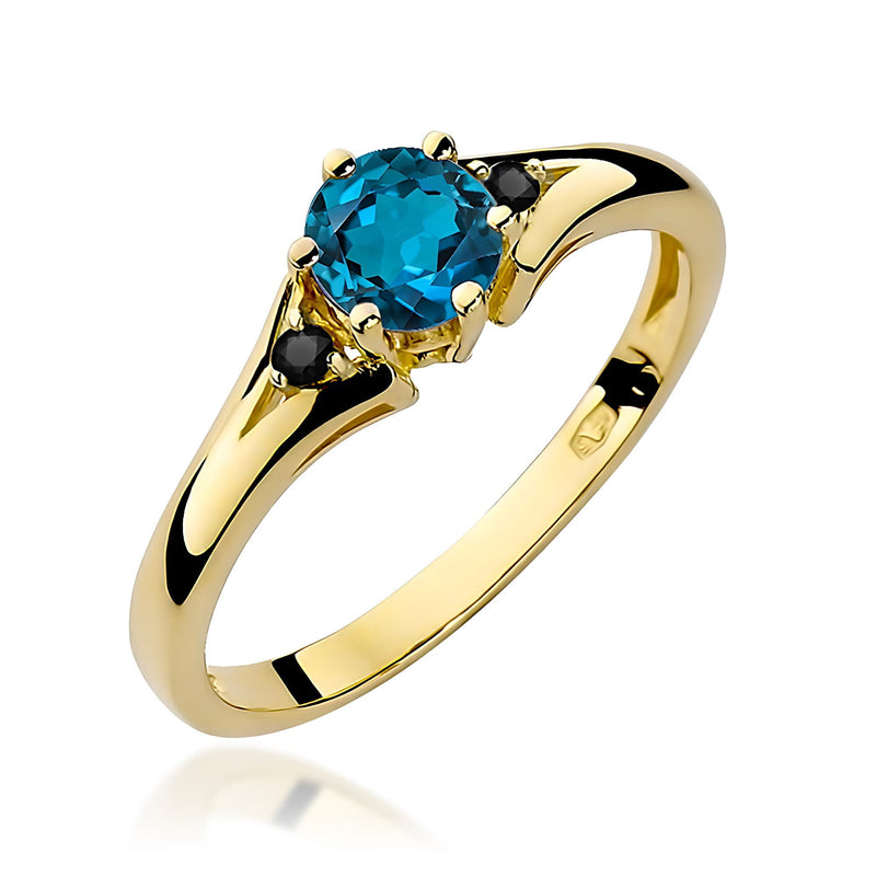 Inel Aur 14K cu Topaz London Blue 0.50 ct si Diamante Naturale Negre 0.03 ct — Aur galben