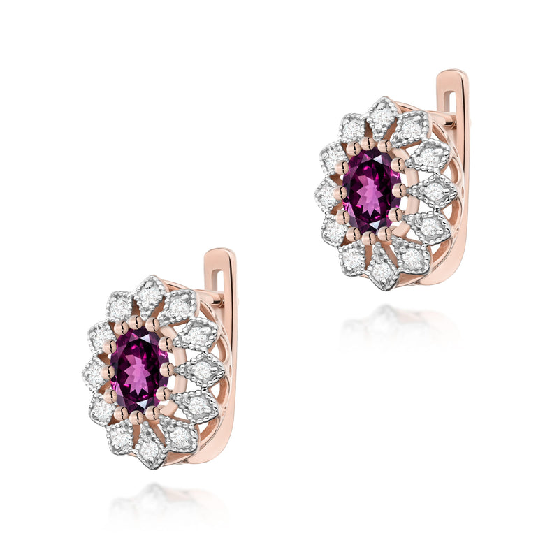Cercei Aur 14K cu Rhodolite 0.50 ct si Diamante Naturale 0.21 ct, imaginea 3 din 3