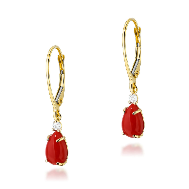 Cercei Aur 14K cu Coral 0.65 ct si Diamante Naturale 0.06 ct — Aur galben