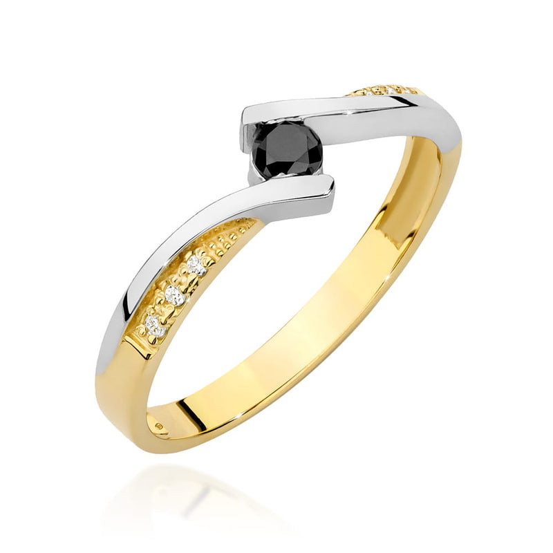 Inel Aur 14K cu Diamante Naturale Albe si Negre 0.15 ct — Aur galben