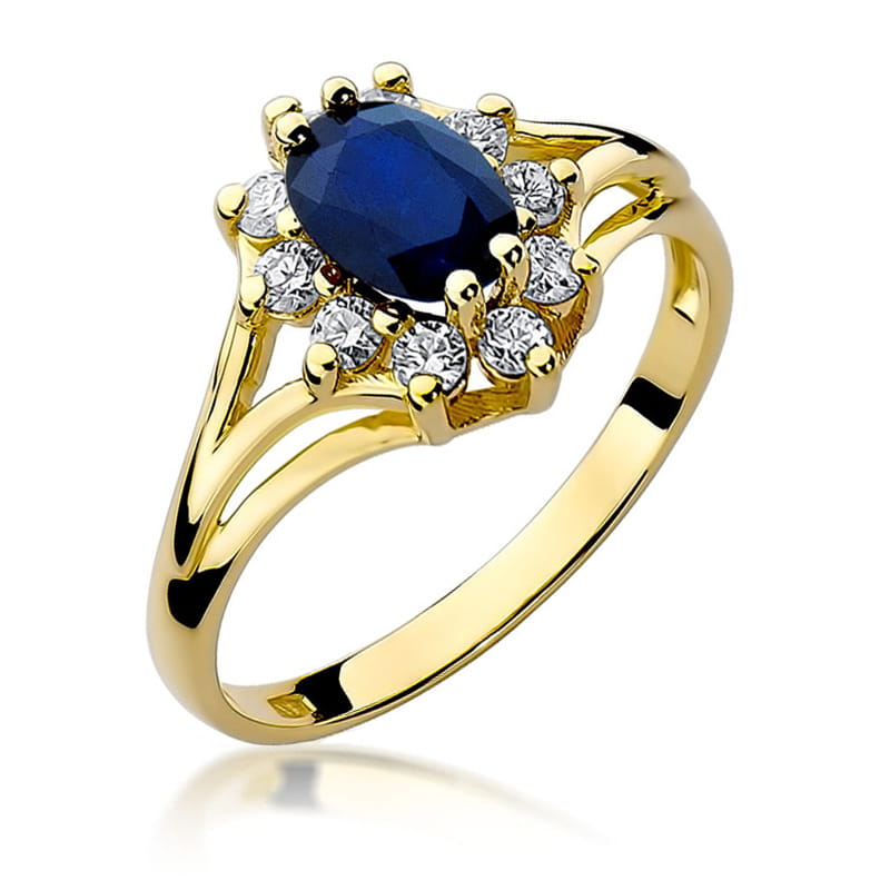 Inel Aur 9K cu Safir 0.90 ct si Diamante Naturale 0.30 ct — Aur galben