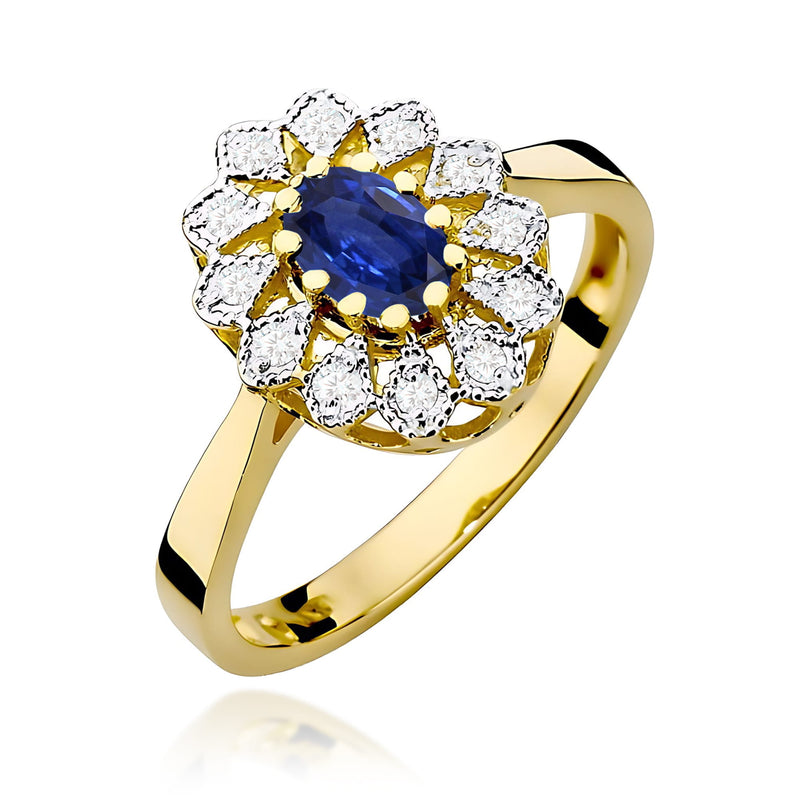 Inel Aur 9K cu Safir 0.70 ct si Diamante Naturale 0.10 ct — Aur galben