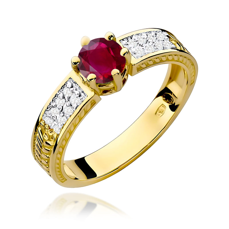 Inel Aur 9K cu Rubin 0.60 ct si Diamante Naturale 0.08 ct — Aur galben