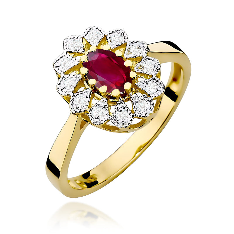Inel Aur 9K cu Rubin 0.60 ct si Diamante Naturale 0.10 ct — Aur galben