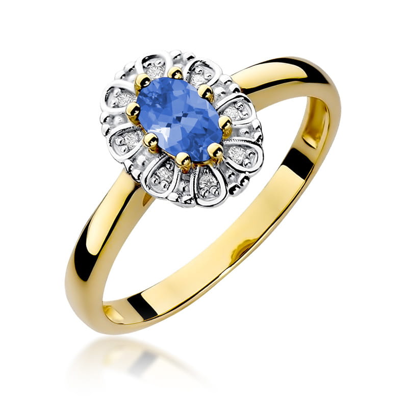 Inel Aur 9K cu Tanzanit 0.40 ct si Diamante Naturale 0.07 ct — Aur galben