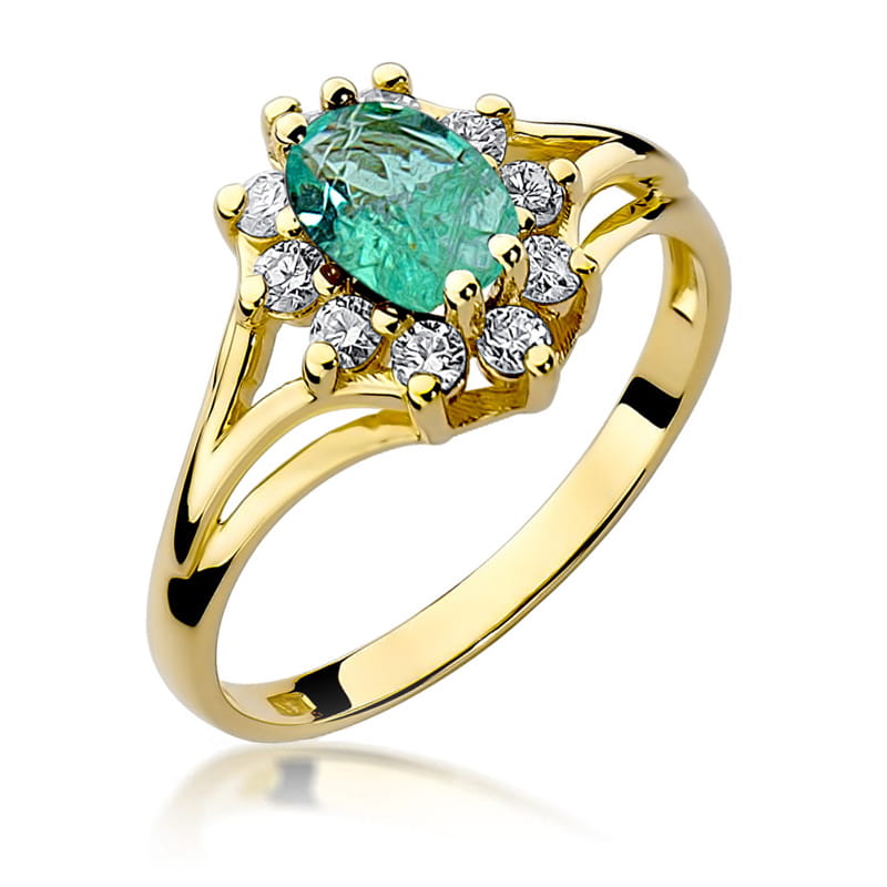 Inel Aur 9K cu Smarald 0.80 ct si Diamante Naturale 0.30 ct — Aur galben