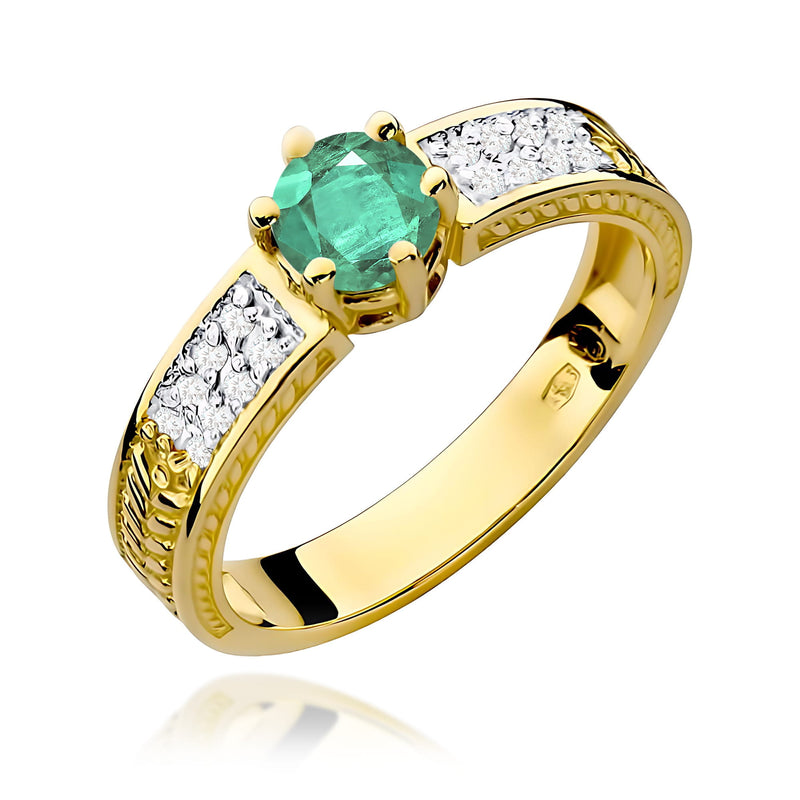 Inel Aur 9K cu Smarald 0.50 ct si Diamante Naturale 0.08 ct — Aur galben