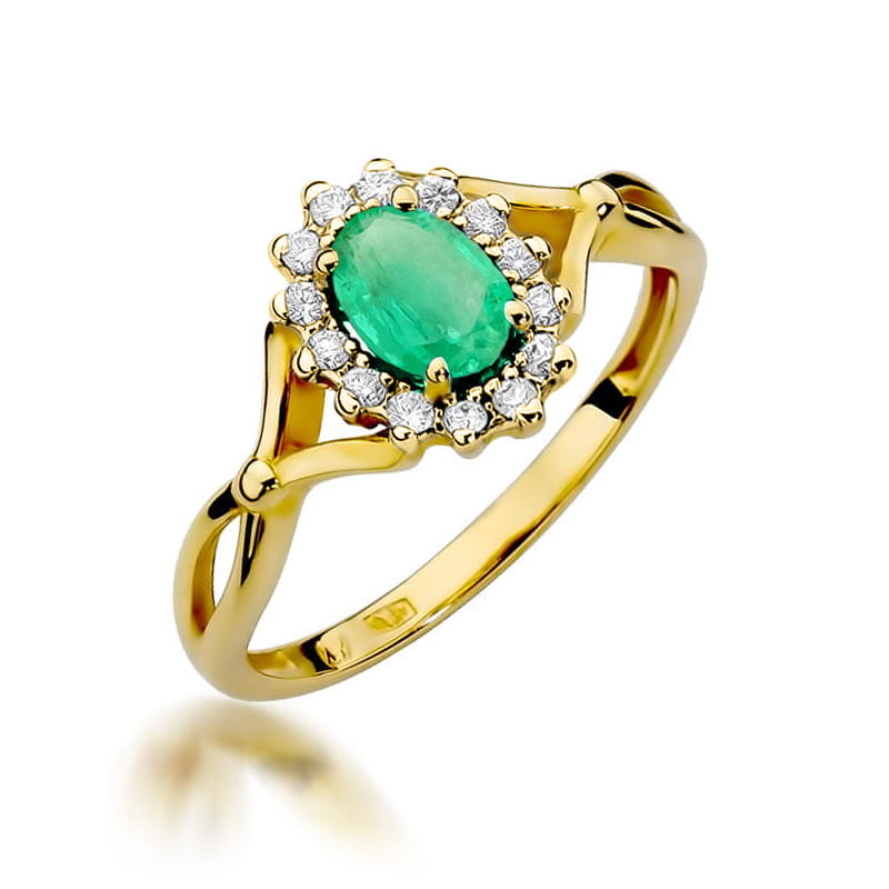 Inel Aur 9K cu Smarald 0.40 ct si Diamante Naturale 0.12 ct — Aur galben