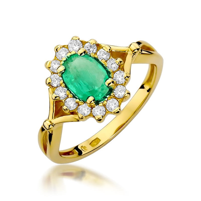 Inel Aur 9K cu Smarald 0.80 ct si Diamante Naturale 0.28 ct — Aur galben