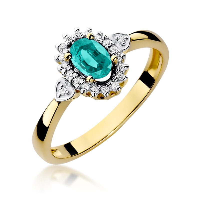 Inel Aur 9K cu Smarald 0.40 ct si Diamante Naturale 0.10 ct — Aur galben