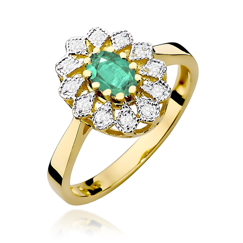 Inel Aur 9K cu Smarald 0.40 ct si Diamante Naturale 0.10 ct — Aur galben