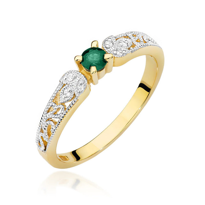 Inel Aur 9K cu Smarald 0.15 ct si Diamante Naturale 0.03 ct — Aur galben