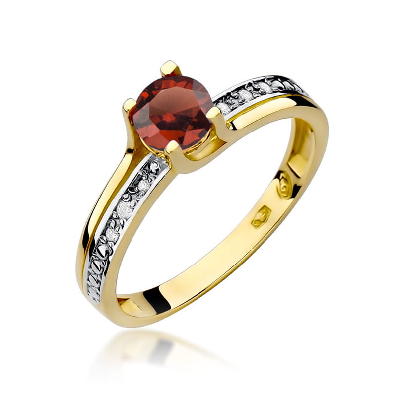 Inel Aur 9K cu Granat 0.60 ct si Diamante Naturale 0.03 ct — Aur galben