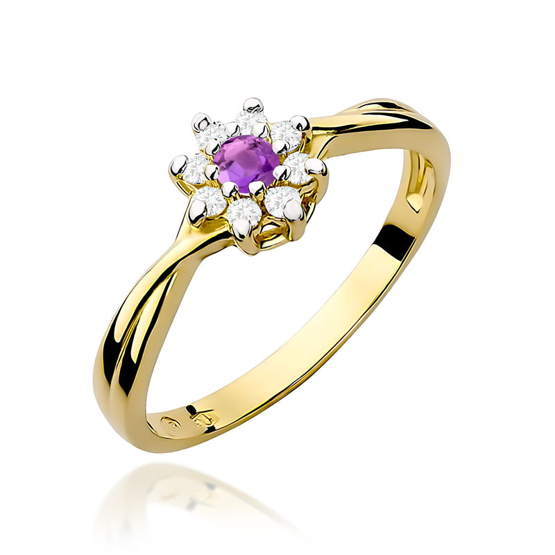 Inel Aur 9K cu Ametist 0.10 ct si Diamante Naturale 0.12 ct — Aur galben