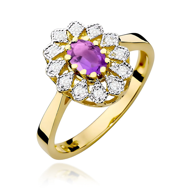 Inel Aur 9K cu Ametist 0.40 ct si Diamante Naturale 0.10 ct — Aur galben