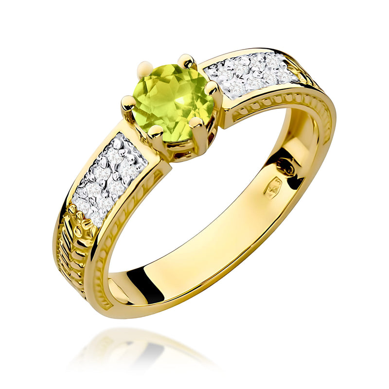 Inel Aur 9K cu Peridot 0.60 ct si Diamante Naturale 0.08 ct — Aur galben
