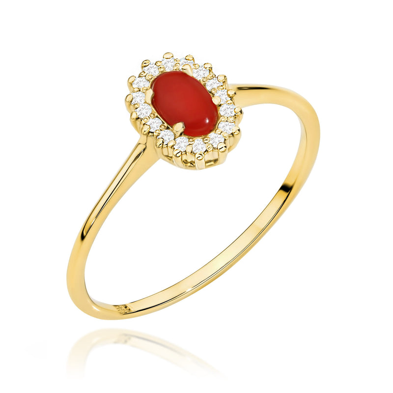 Inel Aur 9K cu Coral 0.20 ct si Diamante Naturale 0.08 ct — Aur galben