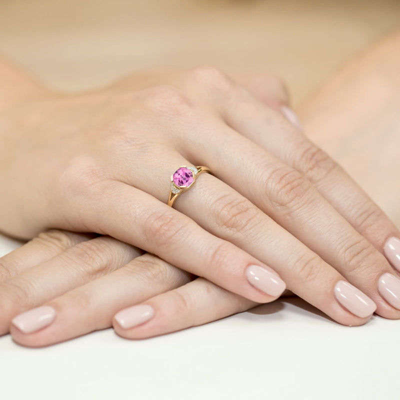 Inel Aur 9K cu Topaz Roz 1.10 ct si Diamante Naturale 0.01 ct, imaginea 4 din 8