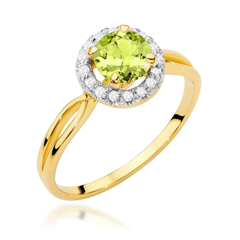 Inel Aur 9K cu Peridot 0.90 ct si Diamante Naturale 0.08 ct — Aur galben