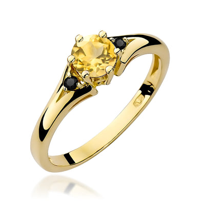 Inel Aur 9K cu Citrin 0.50 ct si Diamante Naturale Negre 0.03 ct