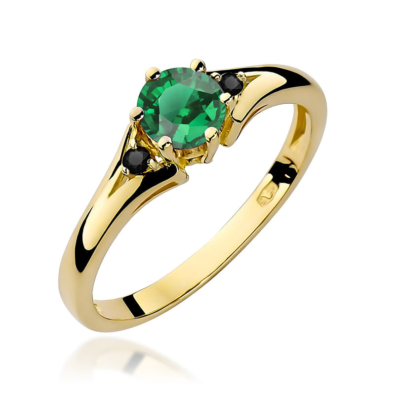 Inel Aur 9K cu Smarald 0.50 ct si Diamante Naturale Negre 0.03 ct — Aur galben